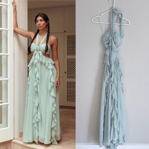 Elegant Halter Neck Ruffle Dress in Light Blue